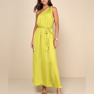 Lulu’s Goddess Aura Chartreuse One Shoulder Maxi Dress